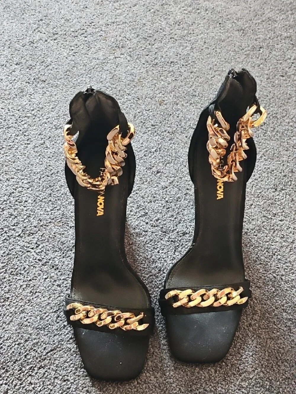 Black Heeled Sandals with Gold Chain Accent - Women
